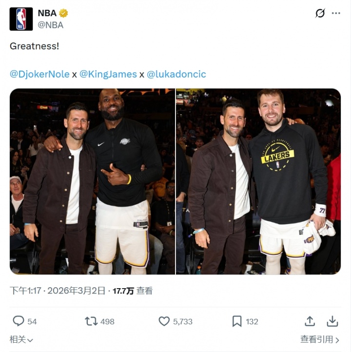乐鱼官方网站-NBA官方晒德约科维奇与詹姆斯&东契奇合影:伟大!